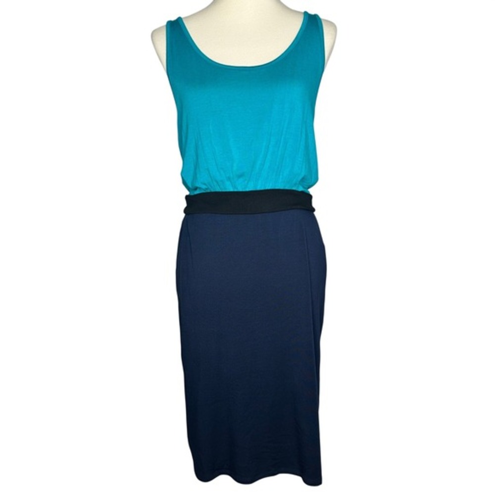 Michael Stars Colorblock Midi Dress Teal Blue‎ Navy Racerback Modal Size L NWT